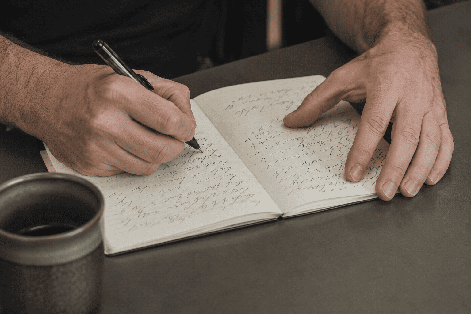 ノートに考えを書き出している手元