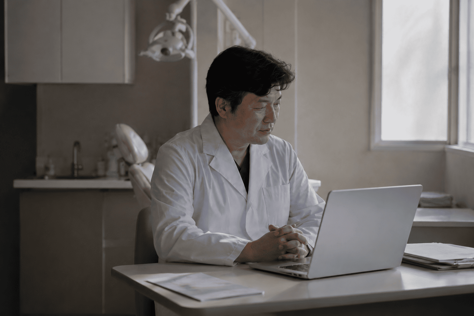 院長が一人で机に向かい考えている様子