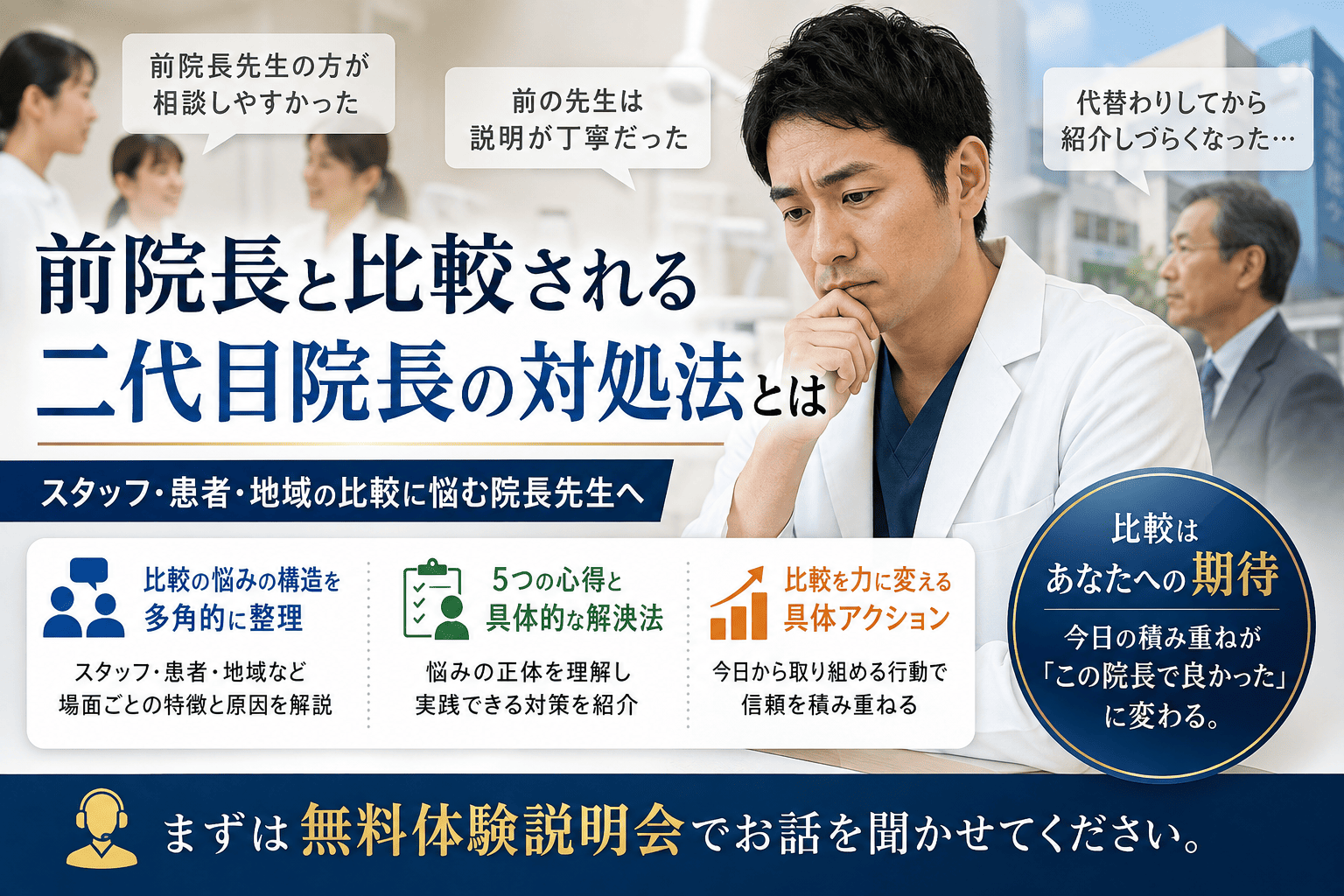 前院長と比較される二代目院長の対処法とは